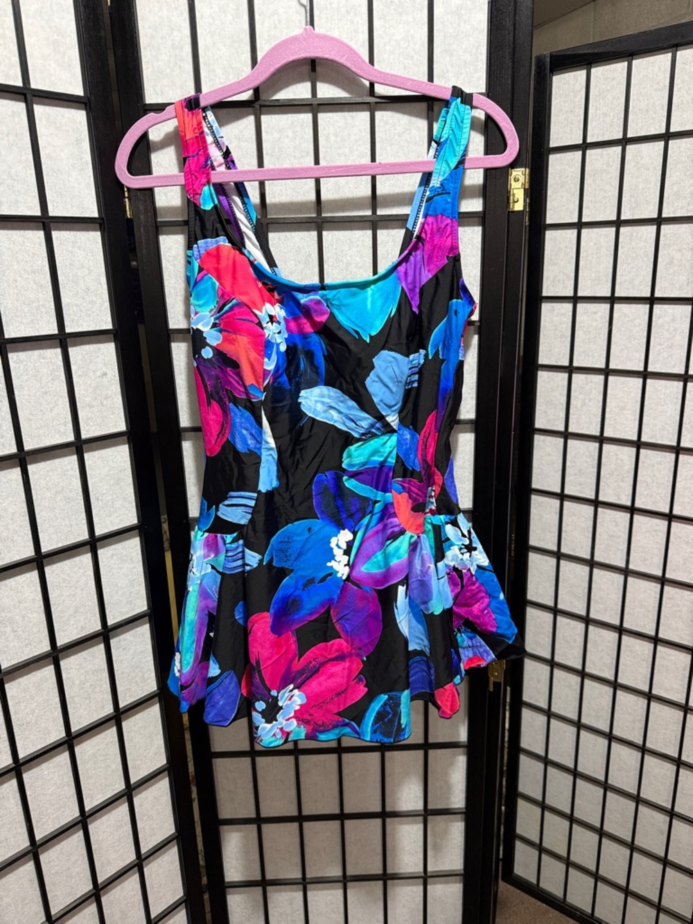 Maxine of Hollywood Black One-Piece Swimdress with Bright Floral Print Size 16